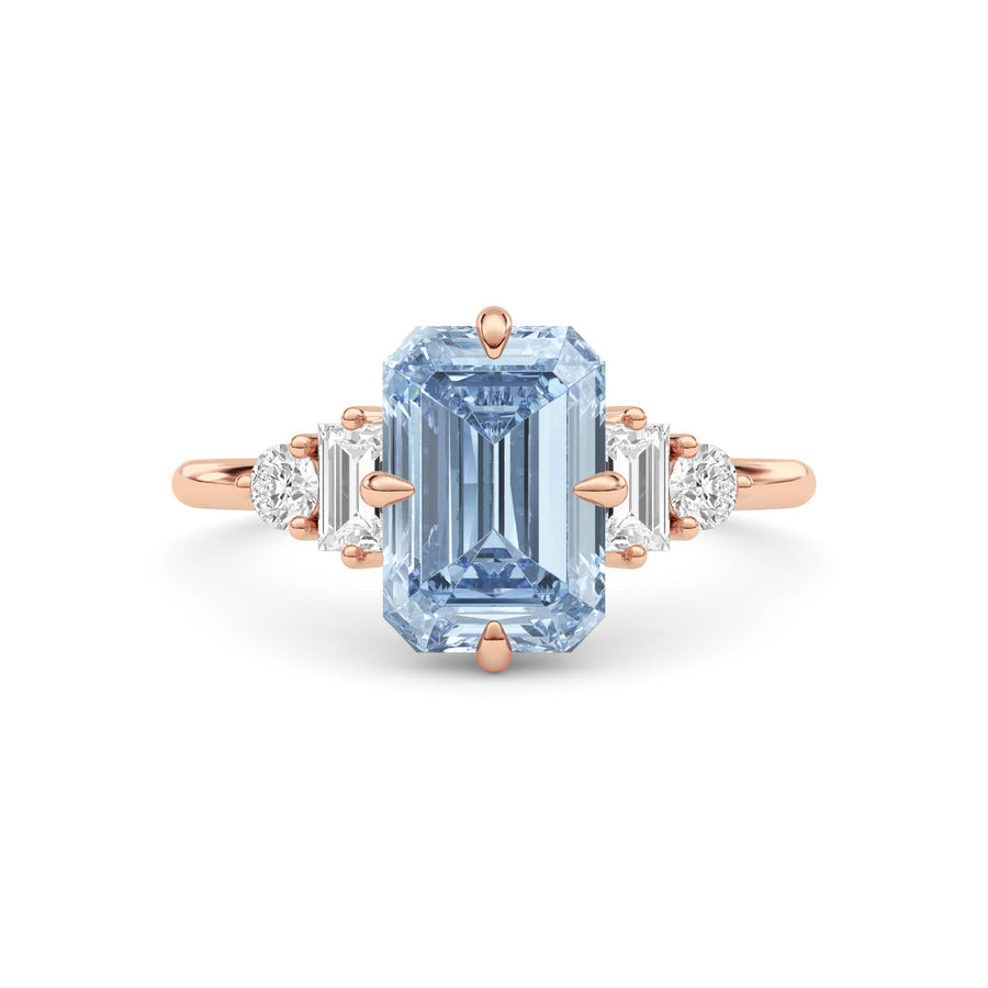 Rose gold Fancy Blue Emerald Cut Three Stone Diamond Engagement Ring with Tapered Baguette and Round Side Stones