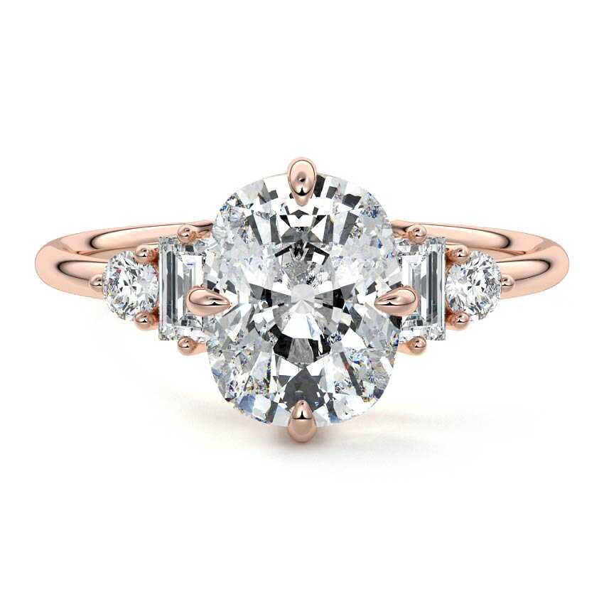 Rose gold Cushion Three Stone Diamond Engagement Ring with Tapered Baguette and Round Side Stones