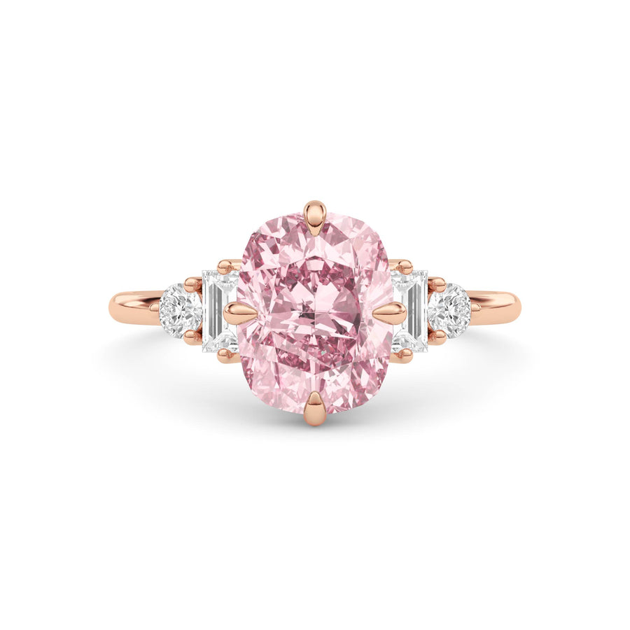 Rose gold Fancy Pink Cushion Cut Three Stone Diamond Engagement Ring with Tapered Baguette and Round Side Stones