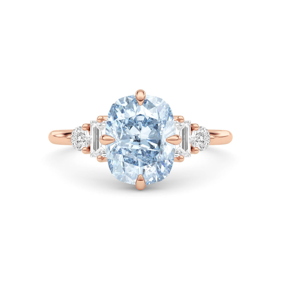 Rose gold Fancy Blue Cushion Cut Three Stone Diamond Engagement Ring with Tapered Baguette and Round Side Stones