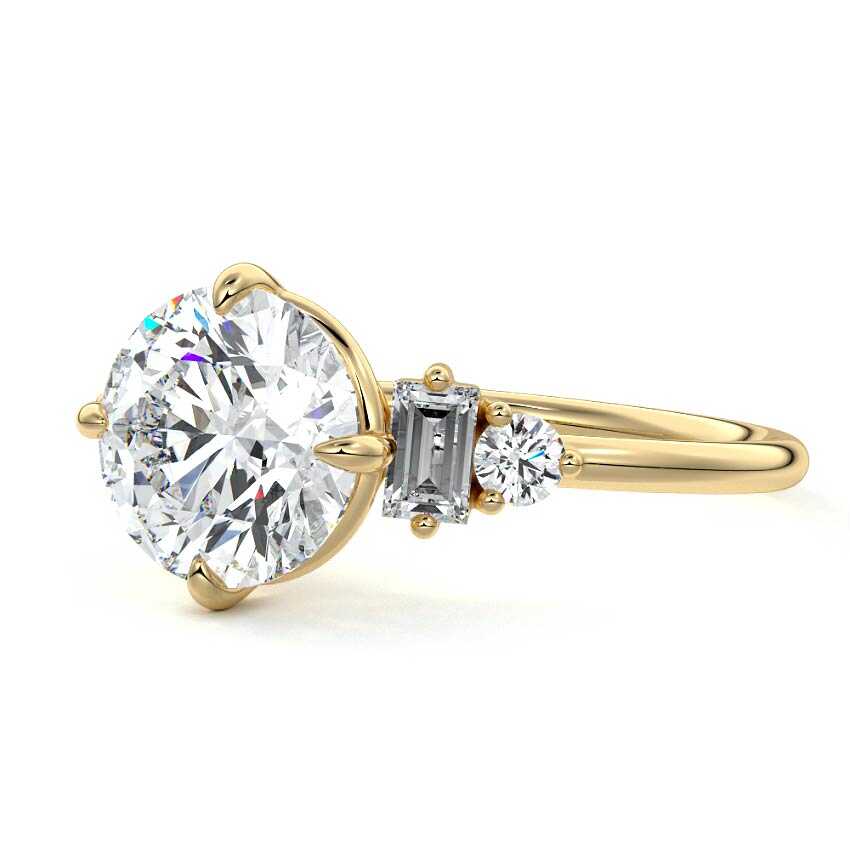 Yellow gold Round Three Stone Diamond Engagement Ring with Tapered Baguette and Round Side Stones