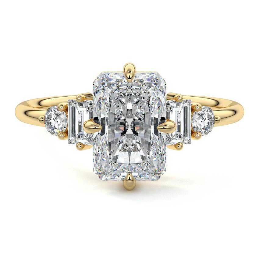 Yellow gold Radiant Three Stone Diamond Engagement Ring with Tapered Baguette and Round Side Stones