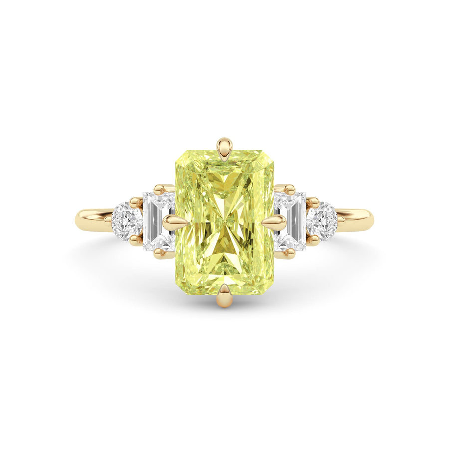Yellow gold Fancy Yellow Radiant Cut Three Stone Diamond Engagement Ring with Tapered Baguette and Round Side Stones
