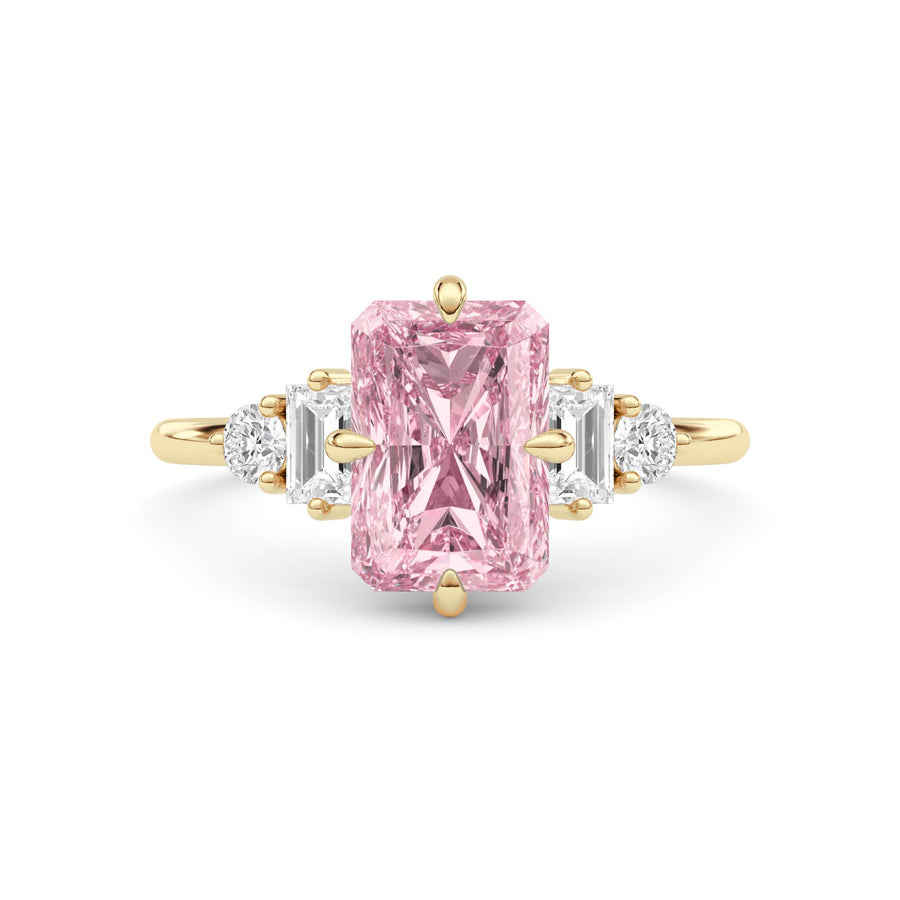 Yellow gold Fancy Pink Radiant Cut Three Stone Diamond Engagement Ring with Tapered Baguette and Round Side Stones