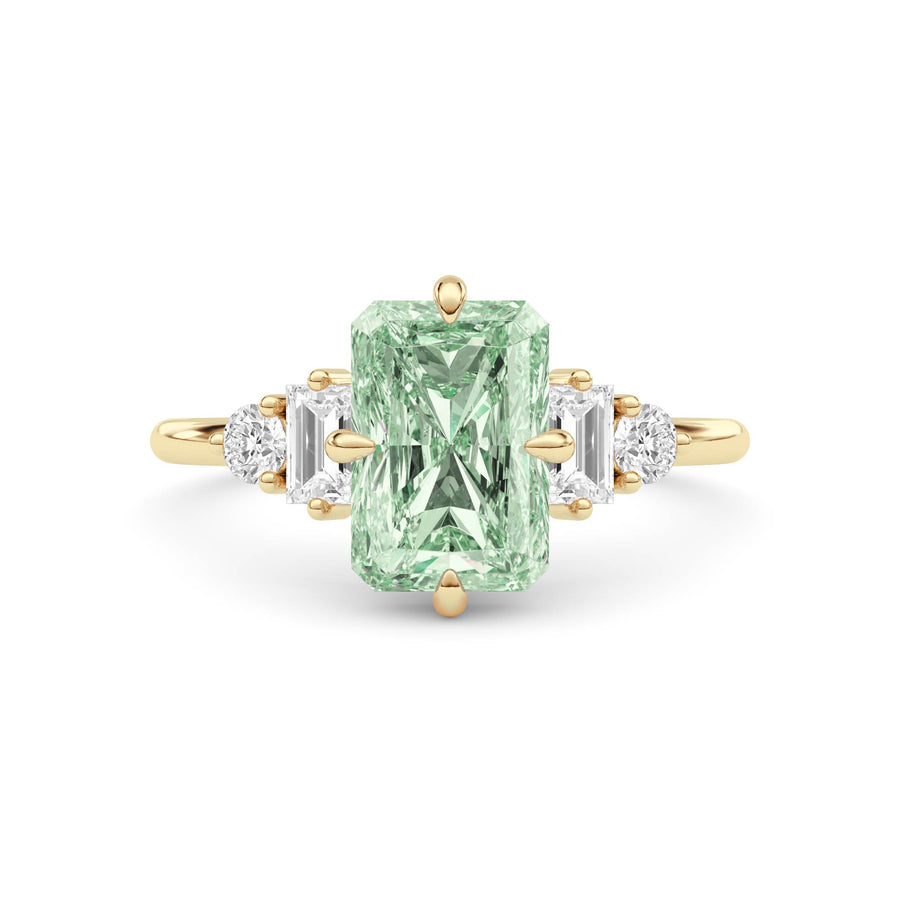 Yellow gold Fancy Green Radiant Cut Three Stone Diamond Engagement Ring with Tapered Baguette and Round Side Stones