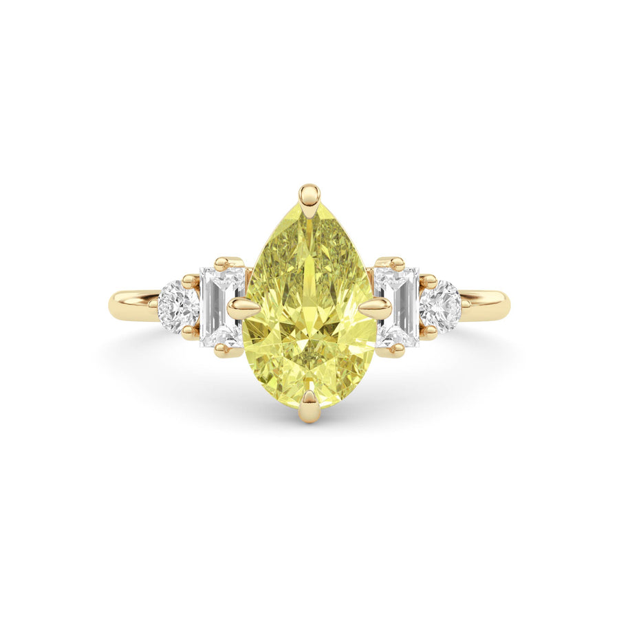 Yellow gold Fancy Yellow Pear Cut Three Stone Diamond Engagement Ring with Tapered Baguette and Round Side Stones