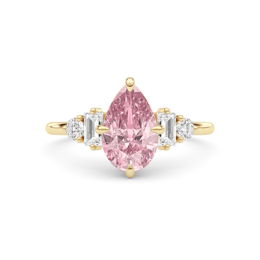 Yellow gold Fancy Pink Pear Cut Three Stone Diamond Engagement Ring with Tapered Baguette and Round Side Stones