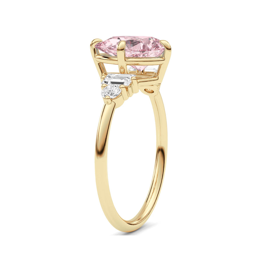Yellow gold Fancy Pink Pear Cut Three Stone Diamond Engagement Ring with Tapered Baguette and Round Side Stones