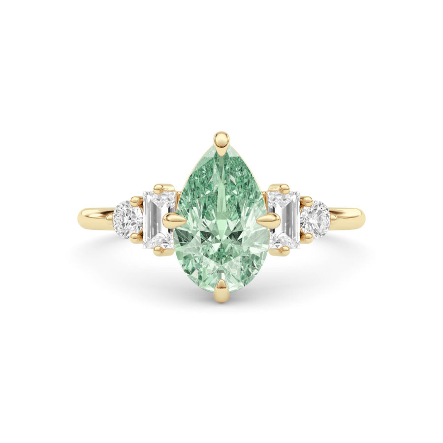 Yellow gold Fancy Green Pear Cut Three Stone Diamond Engagement Ring with Tapered Baguette and Round Side Stones