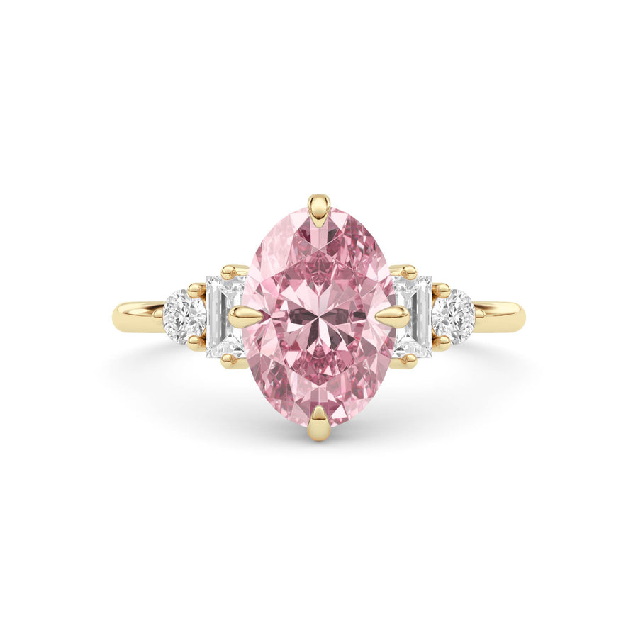 Yellow gold Fancy Pink Oval Cut Three Stone Diamond Engagement Ring with Tapered Baguette and Round Side Stones