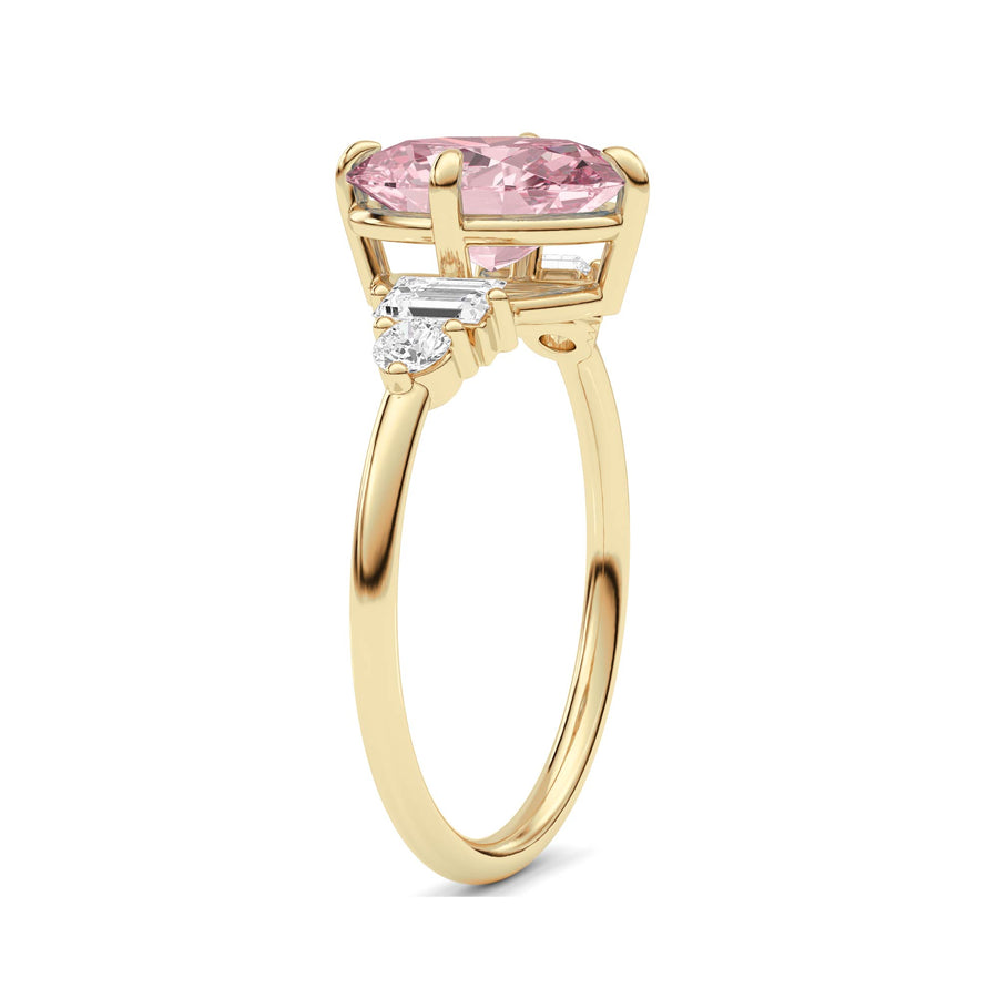 Yellow gold Fancy Pink Oval Cut Three Stone Diamond Engagement Ring with Tapered Baguette and Round Side Stones