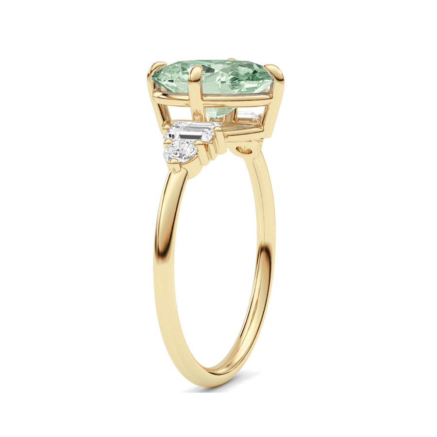 Yellow gold Fancy Green Oval Cut Three Stone Diamond Engagement Ring with Tapered Baguette and Round Side Stones