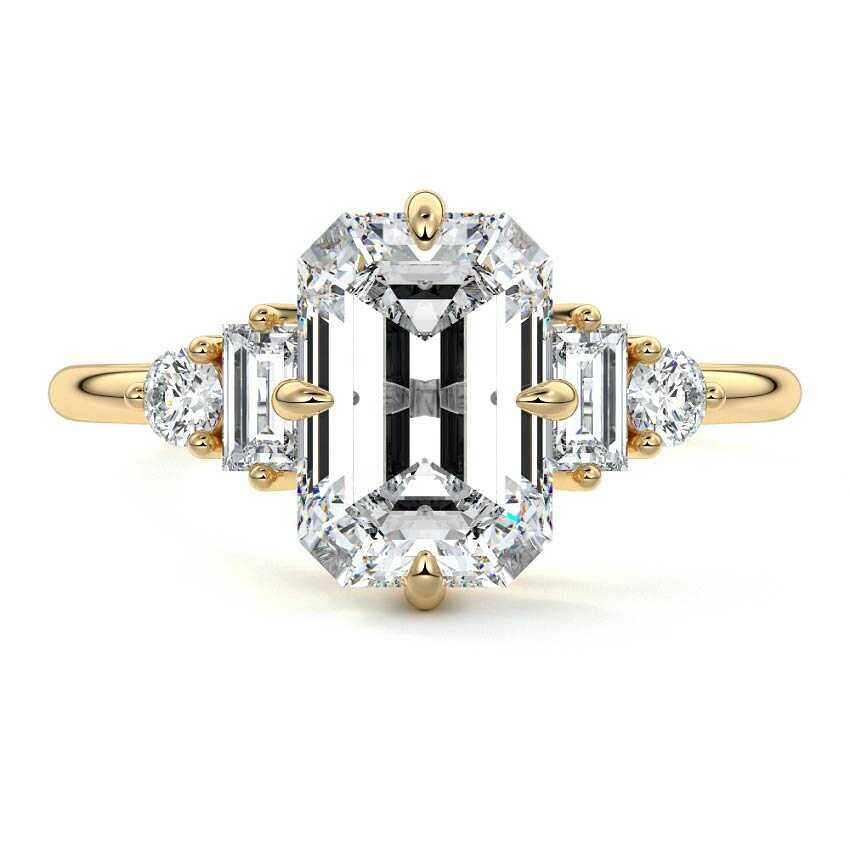 Yellow gold Emerald Three Stone Diamond Engagement Ring with Tapered Baguette and Round Side Stones