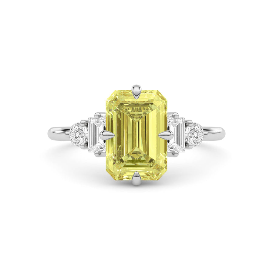 Yellow gold Fancy Yellow Emerald Cut Three Stone Diamond Engagement Ring with Tapered Baguette and Round Side Stones