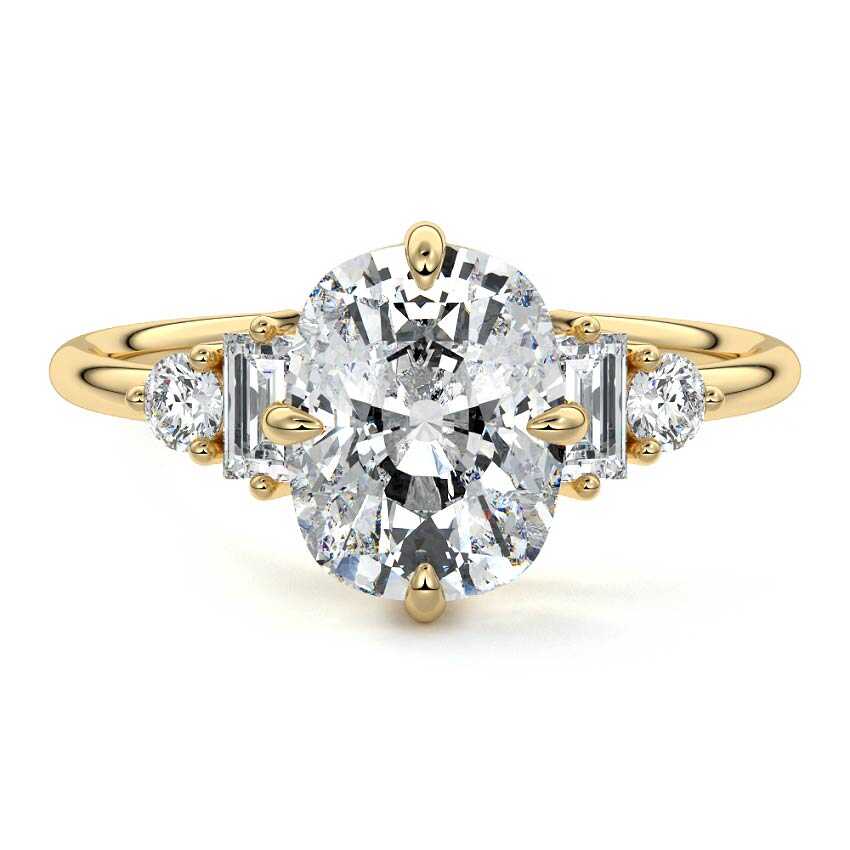 Yellow gold Cushion Three Stone Diamond Engagement Ring with Tapered Baguette and Round Side Stones