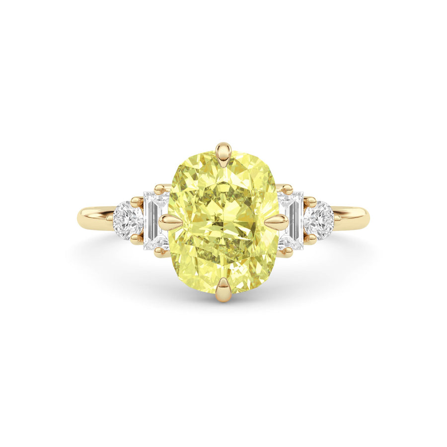 Yellow gold Fancy Yellow Cushion Cut Three Stone Diamond Engagement Ring with Tapered Baguette and Round Side Stones