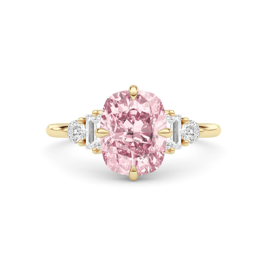 Yellow gold Fancy Pink Cushion Cut Three Stone Diamond Engagement Ring with Tapered Baguette and Round Side Stones