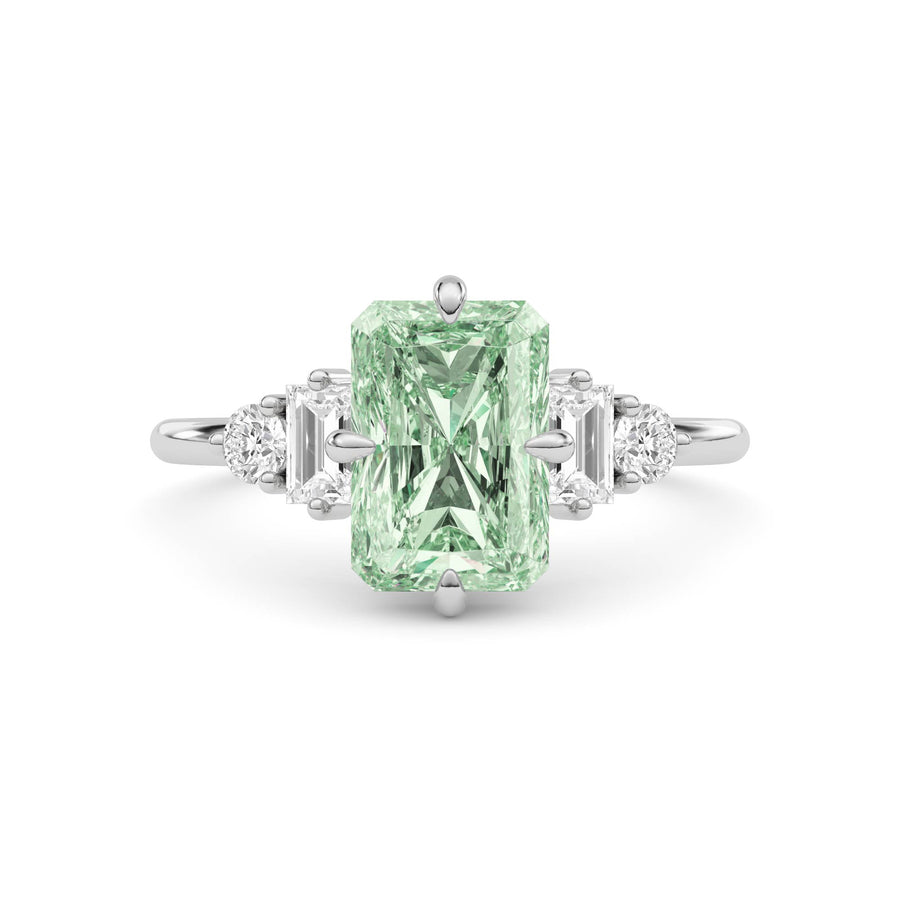 White gold Fancy Green Radiant Cut Three Stone Diamond Engagement Ring with Tapered Baguette and Round Side Stones