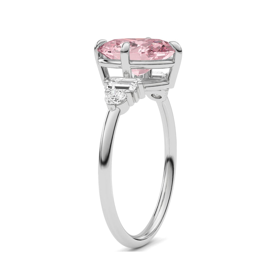 White gold Fancy Pink Oval Cut Three Stone Diamond Engagement Ring with Tapered Baguette and Round Side Stones