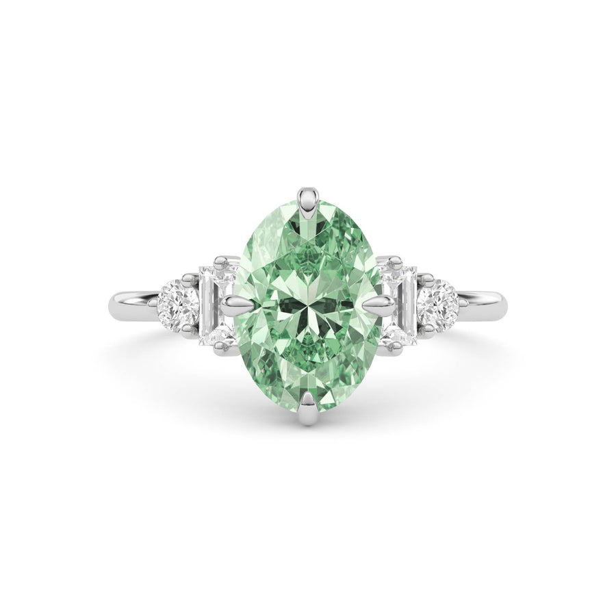 White gold Fancy Green Oval Cut Three Stone Diamond Engagement Ring with Tapered Baguette and Round Side Stones