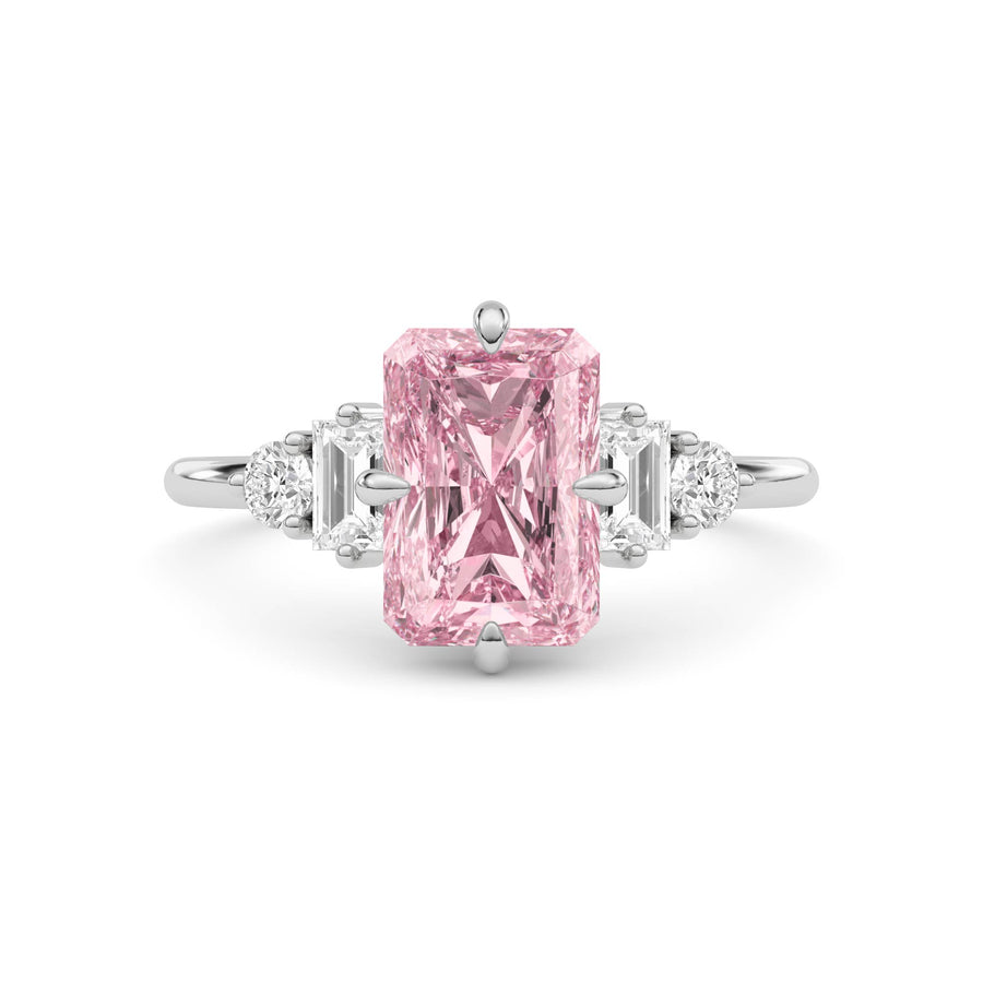 Silver Fancy Pink Radiant Cut Three Stone Diamond Engagement Ring with Tapered Baguette and Round Side Stones