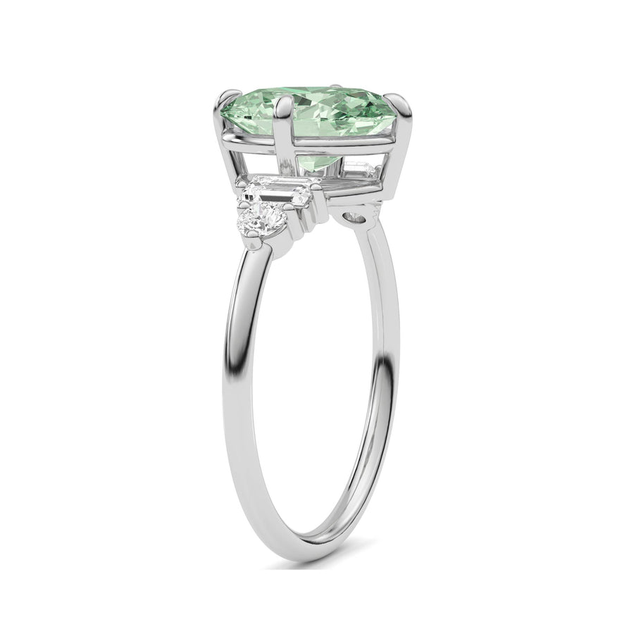 Silver Fancy Green Oval Cut Three Stone Diamond Engagement Ring with Tapered Baguette and Round Side Stones