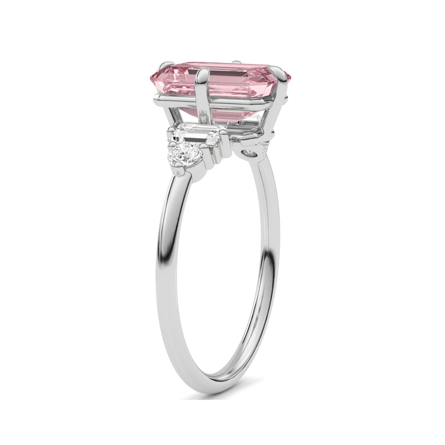 Silver Fancy Pink Emerald Cut Three Stone Diamond Engagement Ring with Tapered Baguette and Round Side Stones
