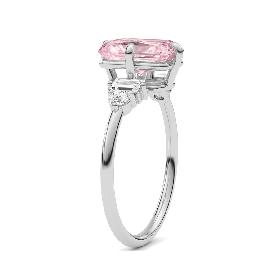 Platinum Fancy Pink Radiant Cut Three Stone Diamond Engagement Ring with Tapered Baguette and Round Side Stones