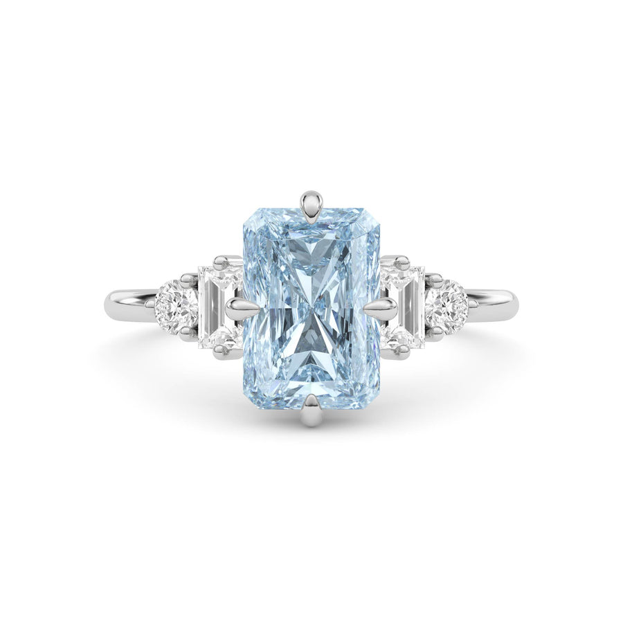 Platinum Fancy Blue Radiant Cut Three Stone Diamond Engagement Ring with Tapered Baguette and Round Side Stones