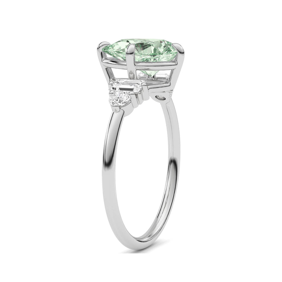 Platinum Fancy Green Pear Cut Three Stone Diamond Engagement Ring with Tapered Baguette and Round Side Stones