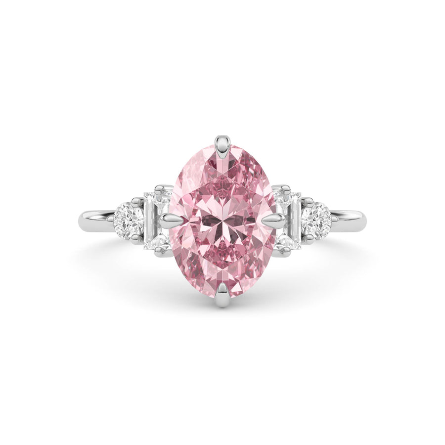 Platinum Fancy Pink Oval Cut Three Stone Diamond Engagement Ring with Tapered Baguette and Round Side Stones