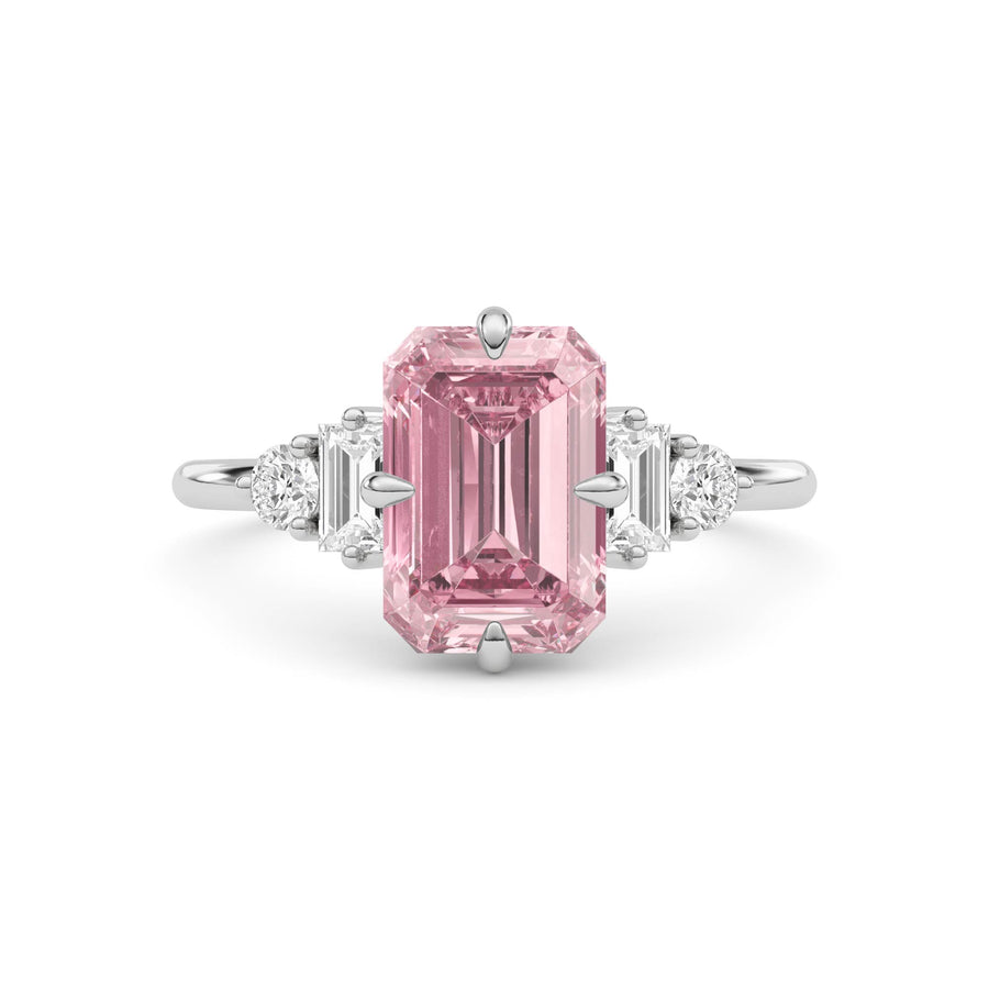 Platinum Fancy Pink Emerald Cut Three Stone Diamond Engagement Ring with Tapered Baguette and Round Side Stones