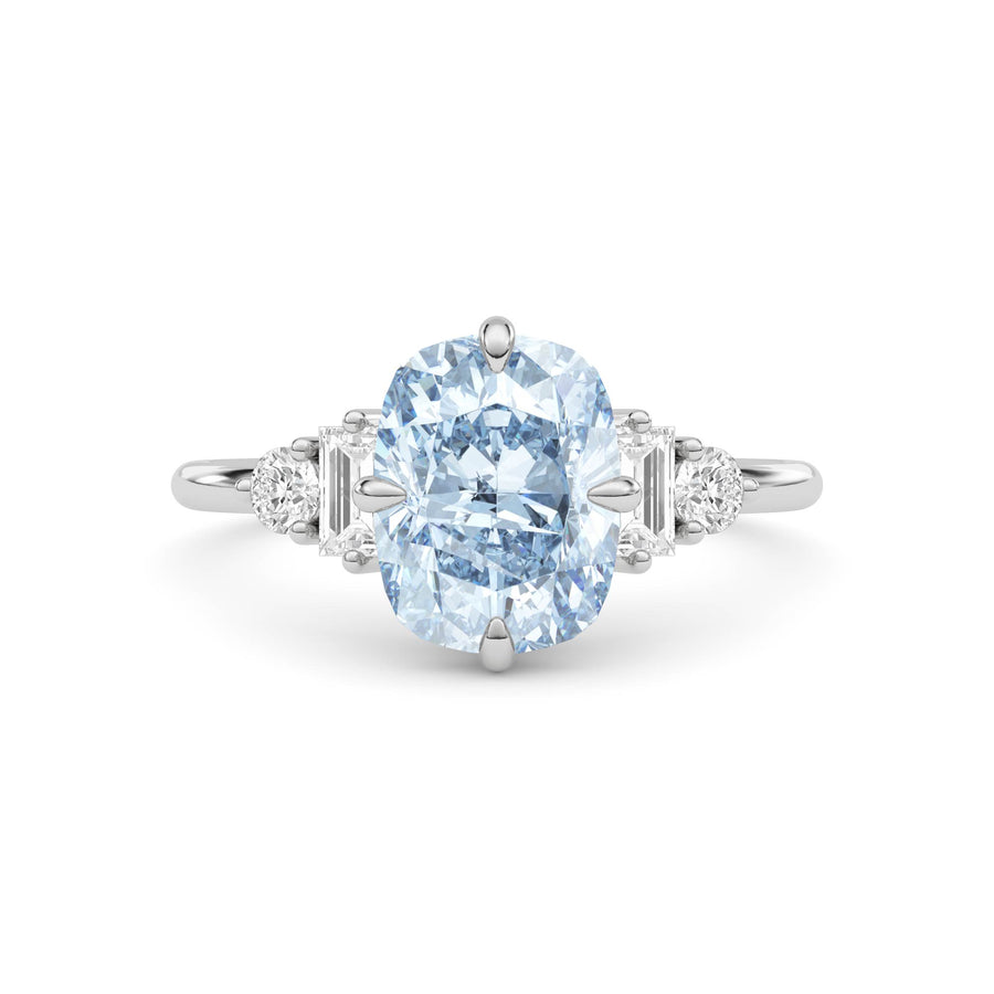 Platinum Fancy Blue Cushion Cut Three Stone Diamond Engagement Ring with Tapered Baguette and Round Side Stones