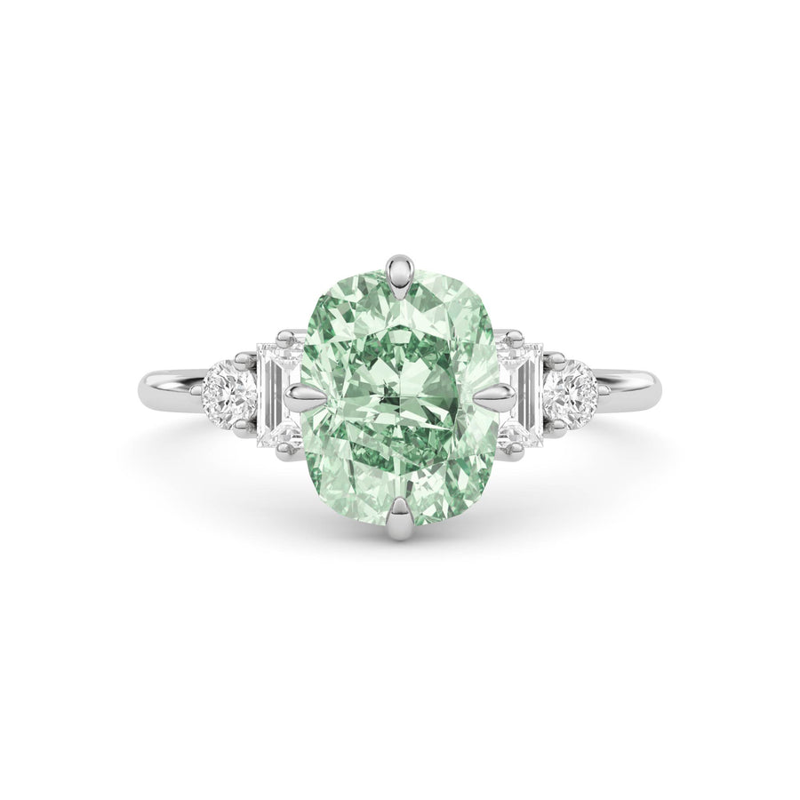 Platinum Fancy Green Cushion Cut Three Stone Diamond Engagement Ring with Tapered Baguette and Round Side Stones