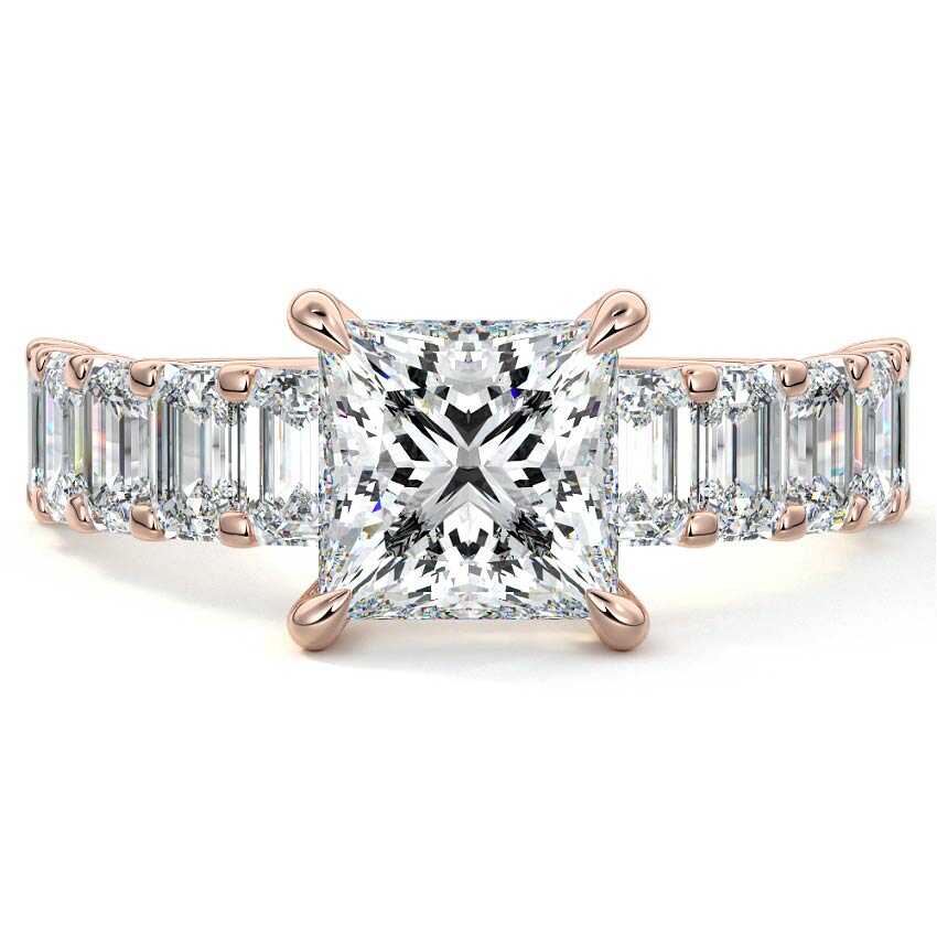 Rose gold Princess Diamond Engagement Ring with Emerald-Cut Side Stones and Prong Setting
