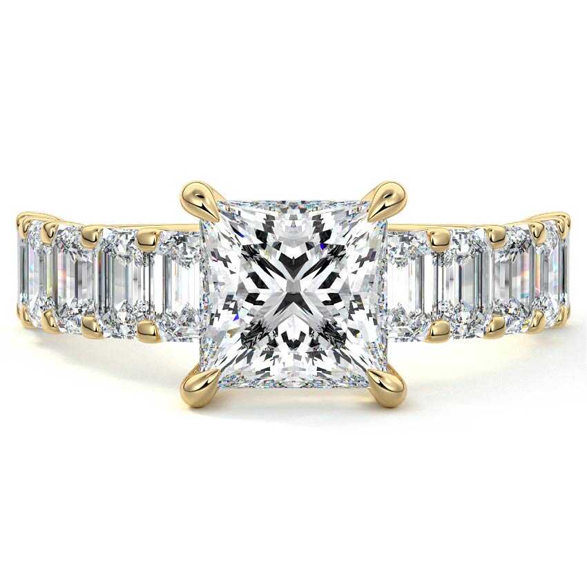 Yellow gold Princess Diamond Engagement Ring with Emerald-Cut Side Stones and Prong Setting
