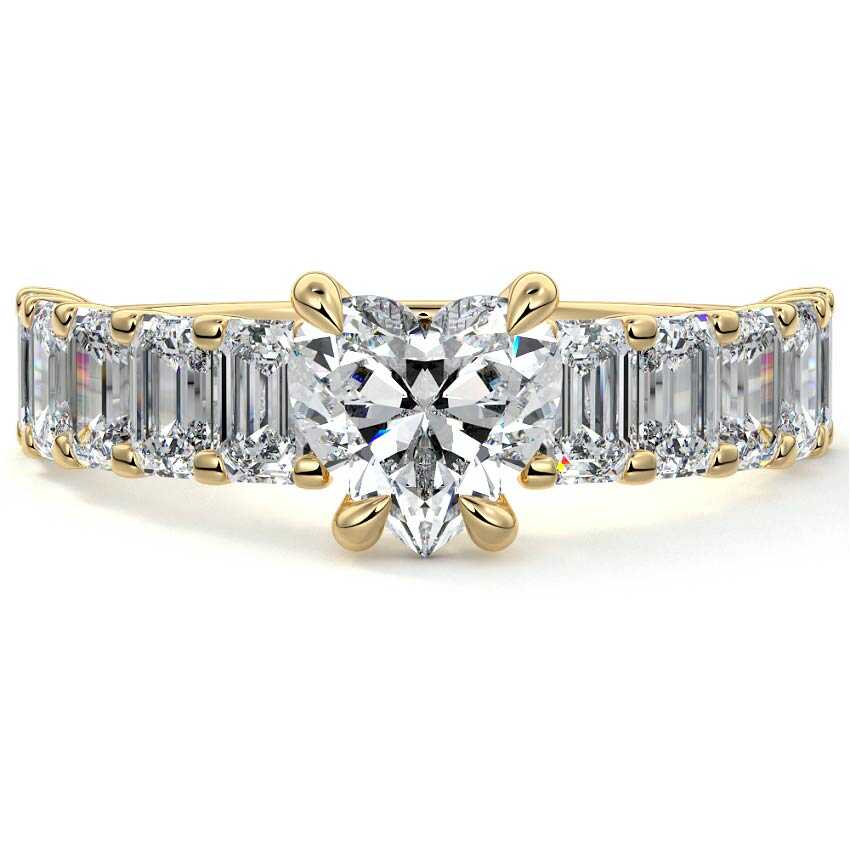 Yellow gold Heart Diamond Engagement Ring with Emerald-Cut Side Stones and Prong Setting