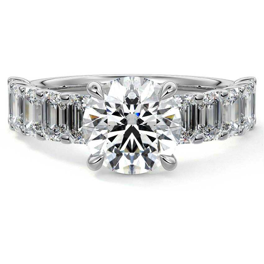 White gold Round Diamond Engagement Ring with Emerald-Cut Side Stones and Prong Setting