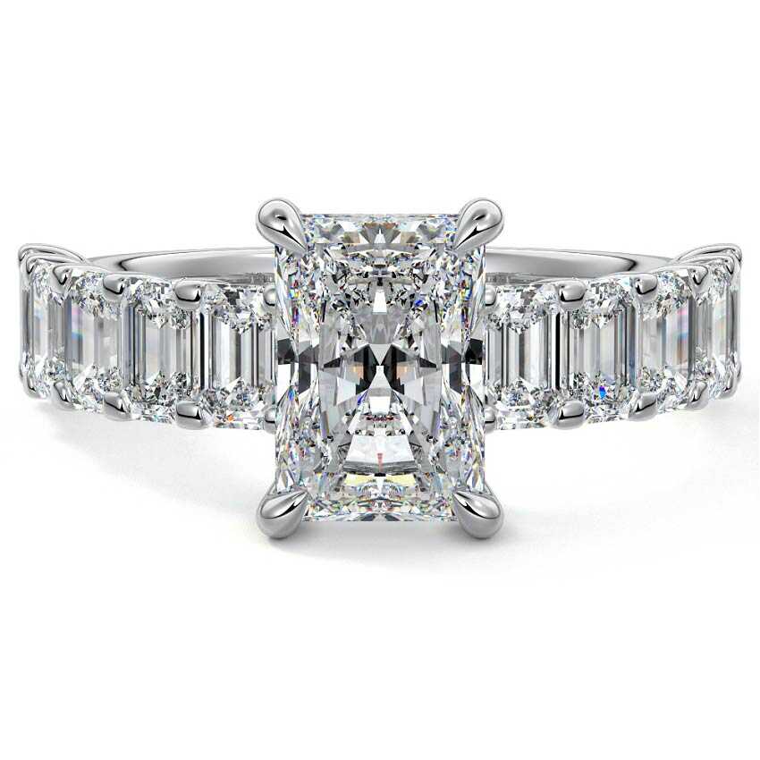 Silver Radiant Diamond Engagement Ring with Emerald-Cut Side Stones and Prong Setting