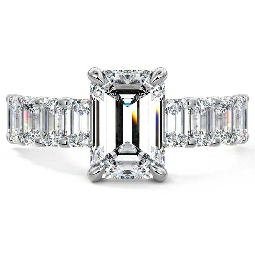 Platinum Emerald Diamond Engagement Ring with Emerald-Cut Side Stones and Prong Setting