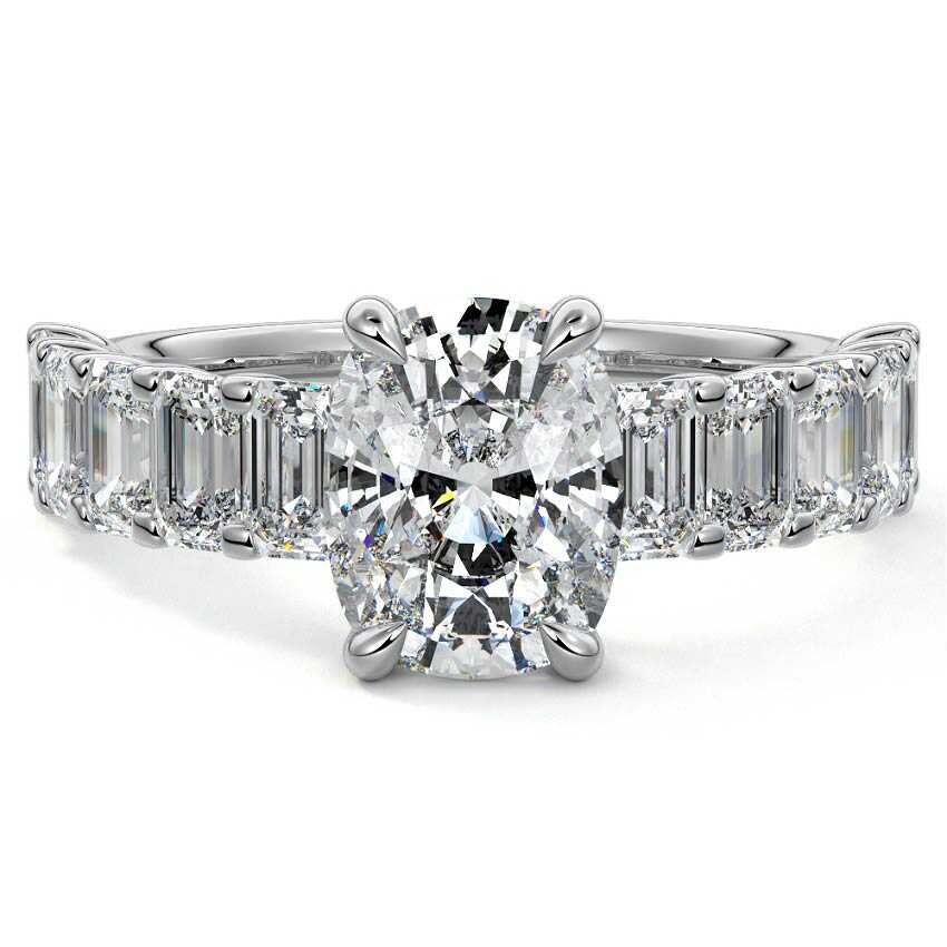 Platinum Cushion Diamond Engagement Ring with Emerald-Cut Side Stones and Prong Setting