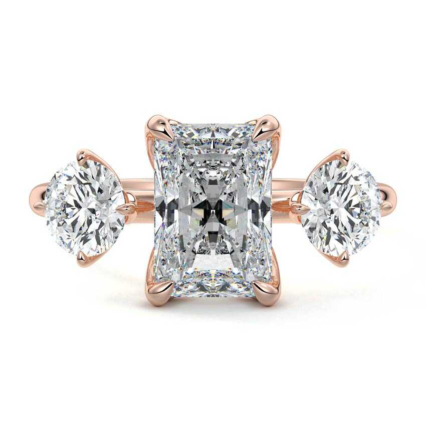 Rose gold Radiant Diamond Three-Stone Ring with Round Side Stones