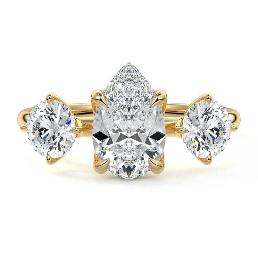 Yellow gold Pear Diamond Three-Stone Ring with Round Side Stones