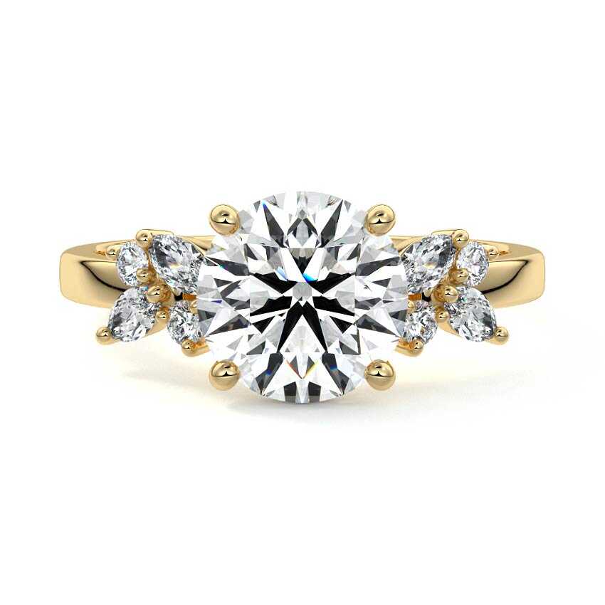 Yellow gold Round Diamond Side Stone Ring with Cluster Marquise and Round Accents