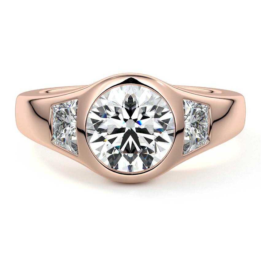 Rose gold Three-Stone Round Diamond Bezel Engagement Ring with Trapezoid Side Stones