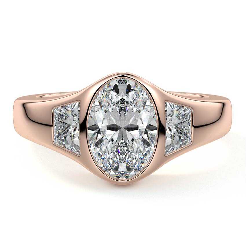 Rose gold Three-Stone Oval Diamond Bezel Engagement Ring with Trapezoid Side Stones