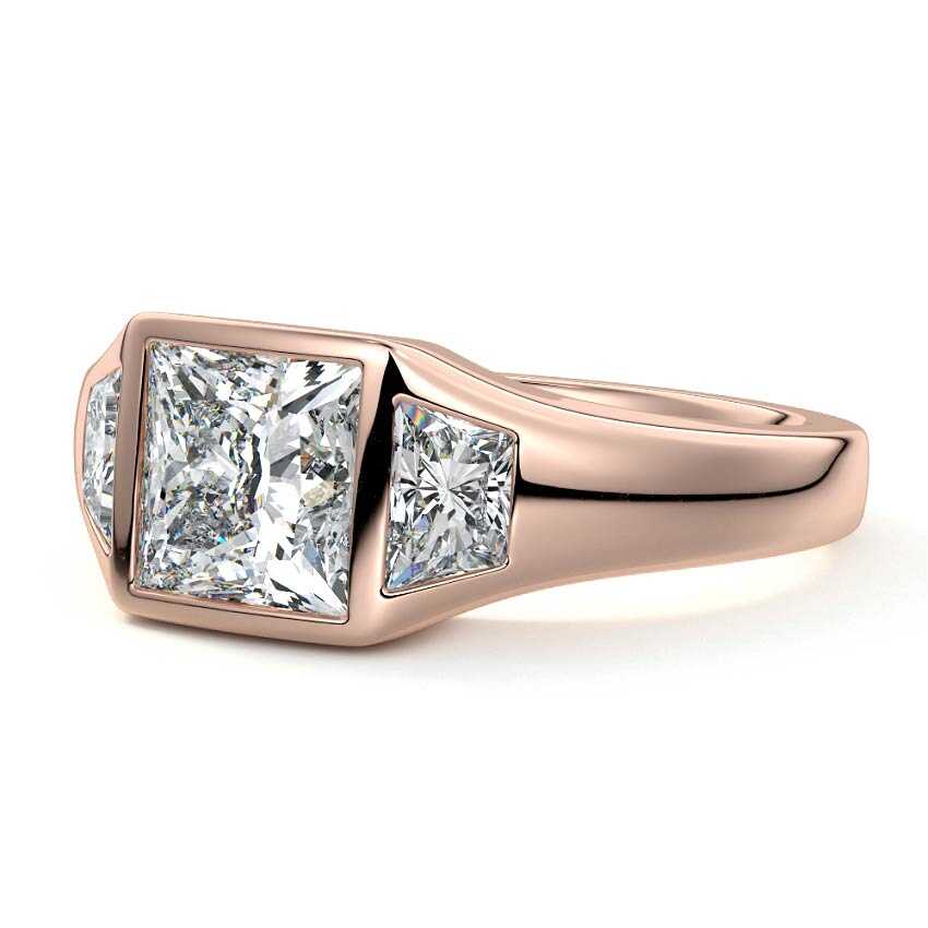 Rose gold Three-Stone Princess Diamond Bezel Engagement Ring with Trapezoid Side Stones