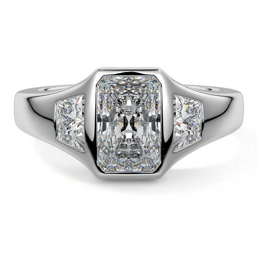 White gold Three-Stone Radiant Diamond Bezel Engagement Ring with Trapezoid Side Stones