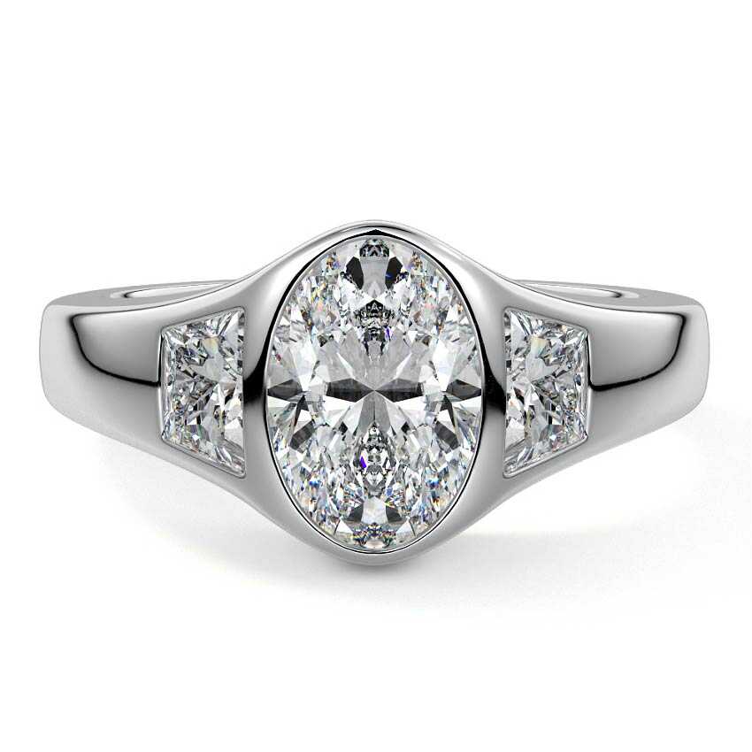 White gold Three-Stone Oval Diamond Bezel Engagement Ring with Trapezoid Side Stones
