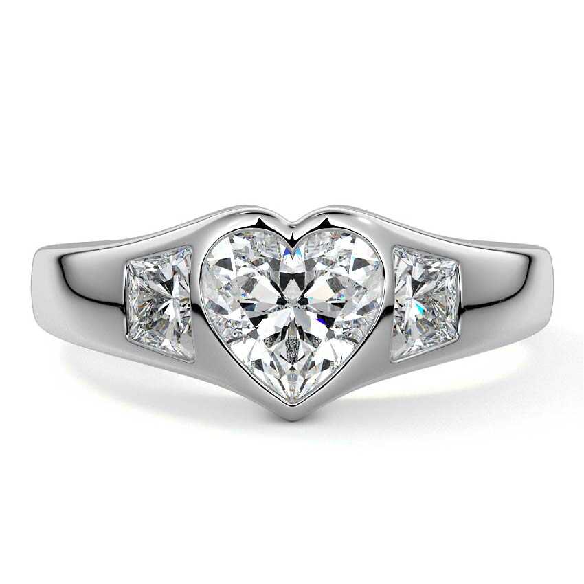 White gold Three-Stone Heart Diamond Bezel Engagement Ring with Trapezoid Side Stones